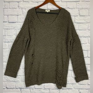 Umgee Womens Dark Green Gray Long Sleeve Distressed Open Back Sweater Medium